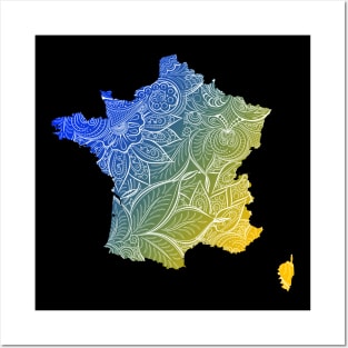 Colorful mandala art map of France with text in blue and yellow Posters and Art